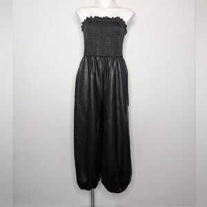 Anthropologie Black Strapless Smocked Leather Jumpsuit